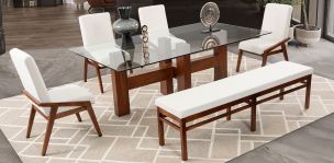 Comedor Rectangular De Cristal Praga Con Sillas Y Banca Praga Mix Beige 6 Piezas