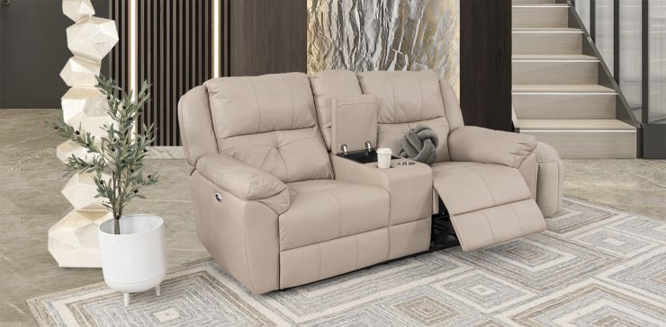 Sofá 2 Plazas Con Reclinables Eléctricos Y Consola Prescot Air Beige