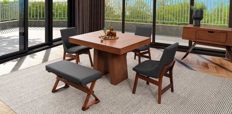 Comedor Odette Con Sillas Y Banca Gris 5 Piezas