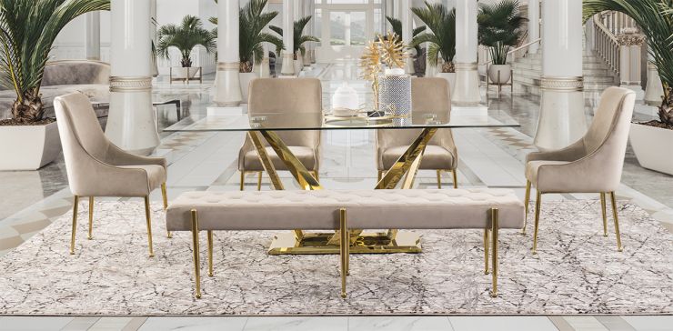 Comedor Royal Gold LV con Sillas y Banca Beige