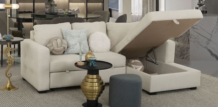 Sala Modular Derecha Con Baúl Y Cama Alta Olivia Plus Beige 