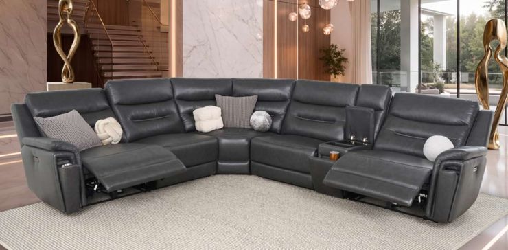Sala Modular De Piel Con Reclinables Eléctricos Aslan Gris