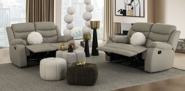 Sala Piel Con Reclinable Caserta Gris 2 Piezas