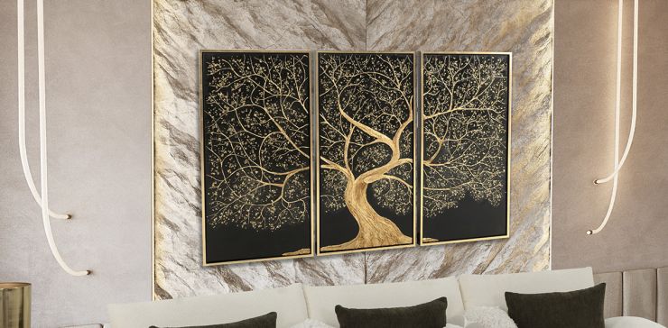 Cuadro Tríptico Decorativo Dubái Dorado