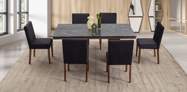 Comedor Rectangular De Mármol 180 Cm Alessia Negro 7 Piezas