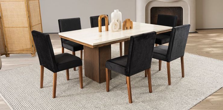 Comedor Rectangular De Mármol 180 Cm Alessia Beige/Negro 7 Piezas