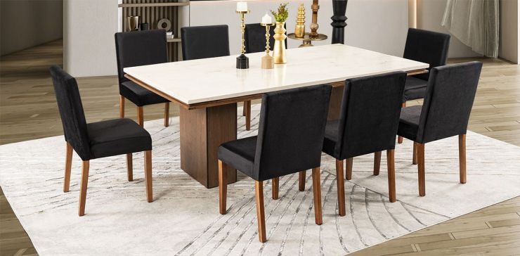 Comedor Rectangular De Mármol 210 Cm Alessia Beige/Negro 7 Piezas