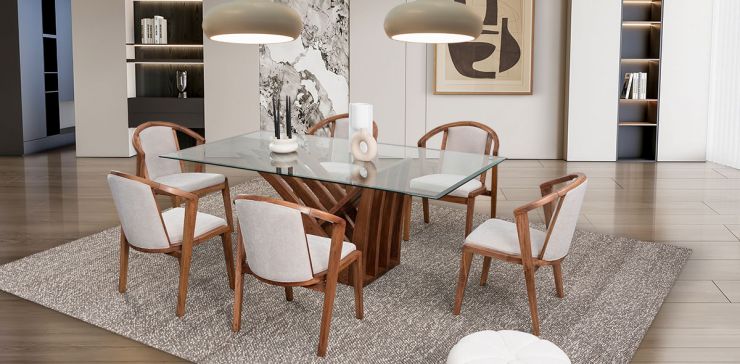 Comedor Rectangular De Cristal Andra Beige 7 Piezas