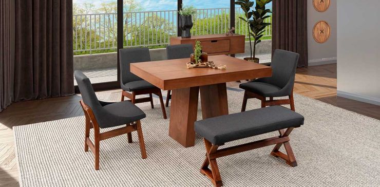 Comedor Odette Gris con 4 Sillas y Banca