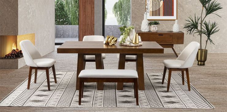 Comedor Odette PL con Sillas y Banca Olaf Arena 6 Piezas II