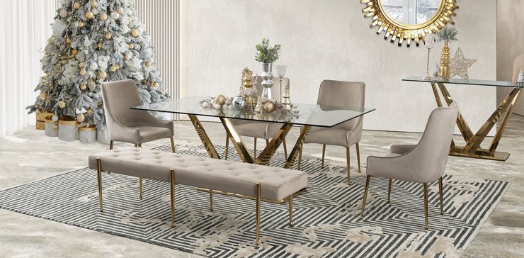 Comedor Royal Gold LV con Sillas y Banca Beige