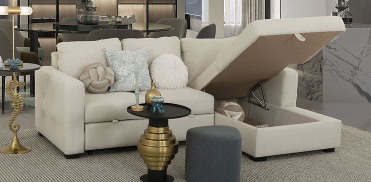 Sala Modular Derecha Con Baúl Y Cama Alta Olivia Plus Beige