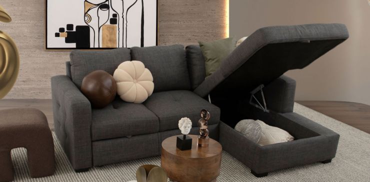 Sala Modular Derecha Con Baúl Y Cama Alta Olivia Plus Gris 