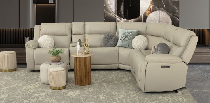 Sala Modular Con Reclinables Eléctricos De Piel Alberta Beige