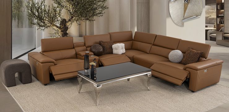 Sala Modular De Piel Con Reclinables Eléctricos Y Consola Montier Café