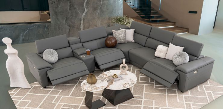 Sala Modular De Piel Con Reclinables Eléctricos Y Consola Montier Gris