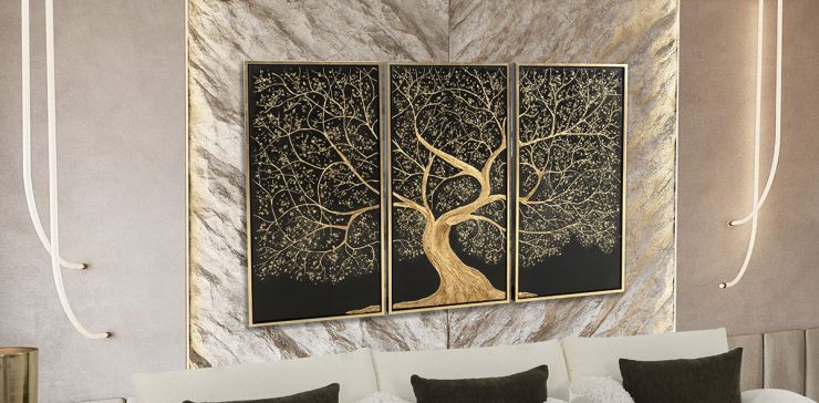 Cuadro Tríptico Decorativo Dubái Dorado