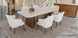 Comedor Rectangular De Mármol Tinnie CL Café Nogal 7 Piezas