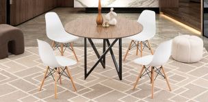 Comedor Redondo Nápoles Parota Con Sillas Atlas Blanco 5 Piezas