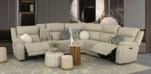 Sala Modular Con Reclinables Eléctricos De Piel Alberta Beige