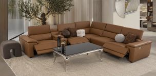 Sala Modular De Piel Con Reclinables Eléctricos Y Consola Montier Café