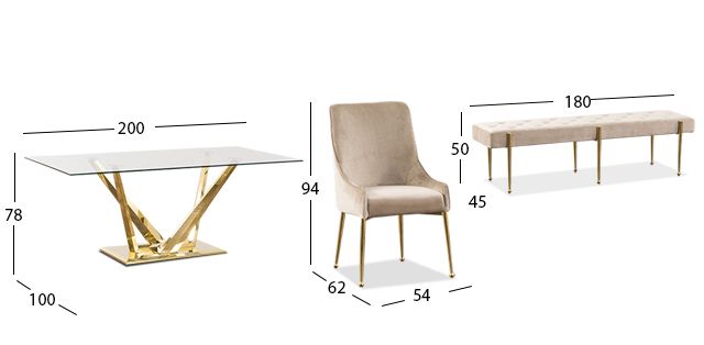 Comedor Royal Gold LV con Sillas y Banca Beige